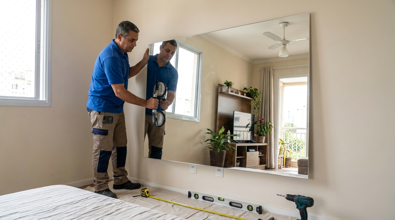 Espelho gigante instalado no quarto em Praia Grande-SP